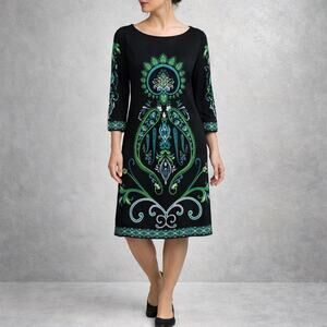 London Times Black Green Paisley Print 3/4 Sleeve Petite Shift Dress Sz 14P